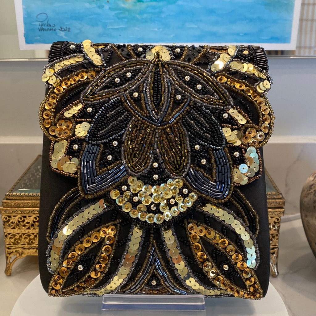 Vtg Milor - Copper/Bronze/Black/Gold Beaded Brown Satin Evening Bag - Euc